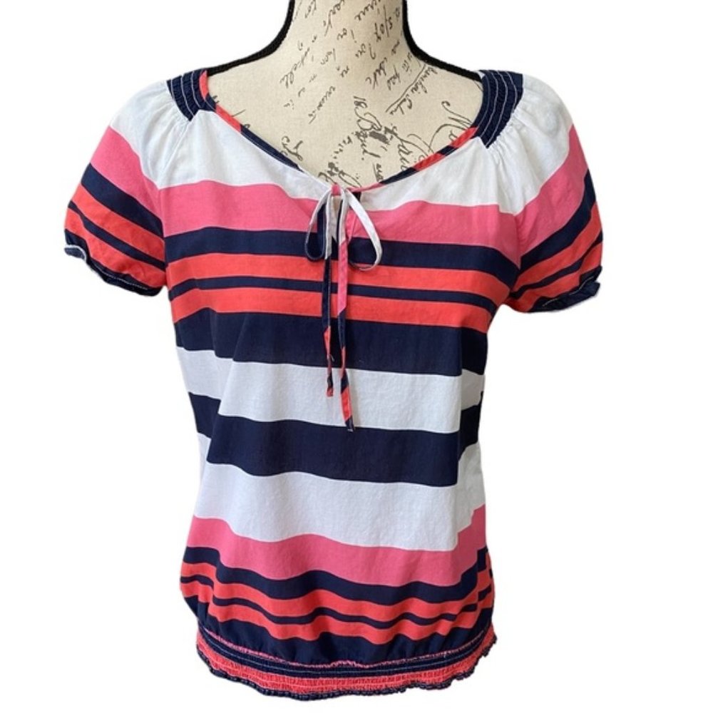 100% Cotton Striped top with banded waist and tie at neck. Size M.